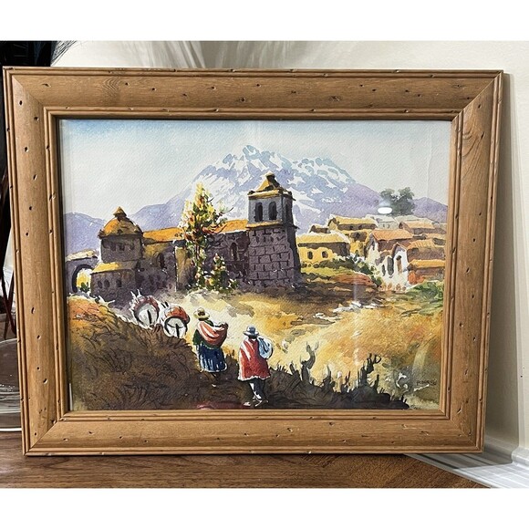 Vintage Original WATERCOLOR Painting Landscape Roca 98 SIGNED Framed 15.5x12.5in